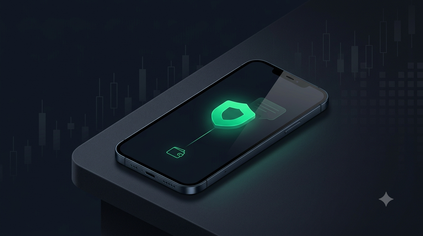 A phone on a dark desk showing a glowing emerald shield alert, a wallet linked to it